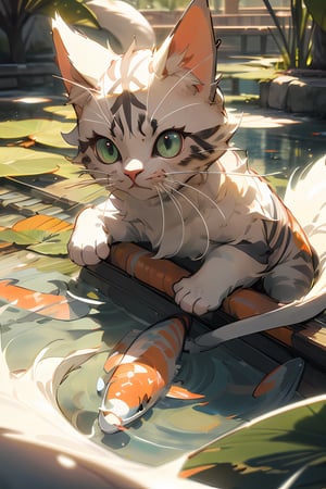 masterpiece, 4k, extremely detailed and intricate, perfect lighting, perfect shadows, raytracing, perfect cat eyes, depth_of_field,(1cat), (it has white fur), (and is beside a pond with small koi fish),wrench_elven_arch