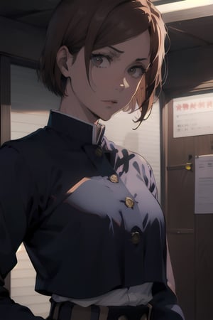 masterpiece, 4K, extremely detailed and complex, raytracing, perfect lighting, perfect shadows, 1girl, (kugisaki nobara:1.4), close up, clear expression, confident expression, (detailed face:1), curse energy, depth_of_field,perfect body proportions, (jujutsu sorcerer uniform), grungy,nobara kugisaki,nobarajk