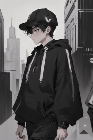 ((1boy)), male, blue eyes,dark off black hair,handsome,(wearing white oversized pullover hoodie with black trousers:1.8),slim,(has a prosthetic right arm),(also wearing a white flat snapback cap with a faint single star logo), (walking in a futuristic city while looking down),(side view),(blowing bubblegum:1),calm expression,masterpiece,extremely detailed and intricate, 4k,high quality,sharp image