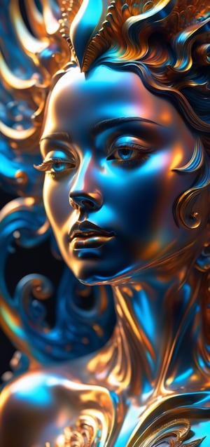 a close up of a statue of a woman, digital art, inspired by tomasz alen kopera, gothic art, intricate skeletal decorations, 8 k highly detailed, beautiful elegant demon queen, intricate body, beautiful detail and color, sylvain sarrailh and igor morski, intricate costume design, detailed body, ultra detailed artistic abstract photography of liquid lust, detailed captivating eyes on molten statue, asymmetrical, gooey liquid hair, highly refractive skin, Digital painting, colorful, volumetric lighting, High definition, detailed, realistic, 8k uhd, high quality,A girl dancing ,fire element
