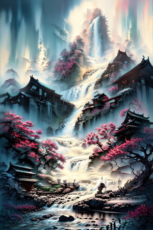 Beautiful brown temple with blooming garden with flowing stream on top of mountain, Japanese color sketch style, Watercolor, trending on artstation, sharp focus, studio photo, intricate details, highly detailed, by greg rutkowski,fantasy00d