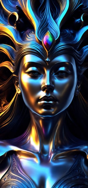 a close up of a statue of a woman, digital art, inspired by tomasz alen kopera, gothic art, intricate skeletal decorations, 8 k highly detailed, beautiful elegant demon queen, intricate body, beautiful detail and color, sylvain sarrailh and igor morski, intricate costume design, detailed body, ultra detailed artistic abstract photography of liquid lust, detailed captivating eyes on molten statue, asymmetrical, gooey liquid hair, highly refractive skin, Digital painting, colorful, volumetric lighting, High definition, detailed, realistic, 8k uhd, high quality