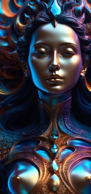a close up of a statue of a woman, digital art, inspired by tomasz alen kopera, gothic art, intricate skeletal decorations, 8 k highly detailed, beautiful elegant demon queen, intricate body, beautiful detail and color, sylvain sarrailh and igor morski, intricate costume design, detailed body, ultra detailed artistic abstract photography of liquid lust, detailed captivating eyes on molten statue, asymmetrical, gooey liquid hair, highly refractive skin, Digital painting, colorful, volumetric lighting, High definition, detailed, realistic, 8k uhd, high quality,neon photography style