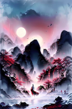(ultra detailed, High quality, best quality, High precision, Fine luster, UHD, 16k), (official art, masterpiece, illustration), A spring landscape ink painting, lake scene, peach blossoms, sunrise and birds, dense fog, large area of white space, minimalist world, master painting composition, pink and red, Chinese Jiangnan scenery, otherworldly creatures, super close-up, poetic mood, shenhua