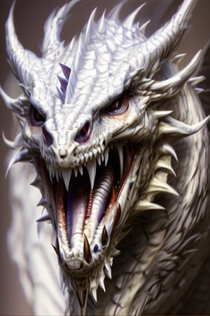 a shot of european dragon, pale white dragon, white scales, red eyes, close-up,