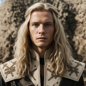 (ultraquality)), ((masterpiece)), ((medieval)), (detailed eyes), ((detailed face)), ((volumetric light)), natural blonde eyebrows, (pale skin:1.2), portrait of a man, (close-up portrait:1.2), realistic, A thirty years old man with pale skin, (wavy straight long blonde hair:1.3), natural backlight, medieval movie screencaps, realistic shot, from afar, half-body, high detailed, long lashes, (round mesmerizing eyes), (little Tom Glynn-Carney nose:0.9), (Tom Glynn-Carney portrait:0.5), (sharp straight nose:1.4), (thin face shape:1.2), (Tom Glynn-Carney eyes and eyebrows:1.3), (squinted eyes:0.7), (rounded eyebrows:1.3), (almond-shaped eyes:1.2), (short epicanthus:1.3), (Aquiline nose:1.3), (dimple on the chin:1.3), (long narrow nose:1.3), (bristle:1.4),