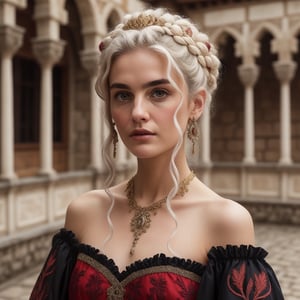 (ultraquality)), ((masterpiece)), ((medieval)), (detailed eyes), ((detailed face)), ((volumetric light)), natural eyebrows, (pale skin:1.2), portrait of a woman, (close-up portrait:1.2), realistic, A thirty years old woman with pale skin stands on the medieval detailed terrace and looks at the camera, (white straight long hair pulled up:1.3), some red and orage and white gemstones flames stylized simple jewelry, medieval queen, strapless dress, medieval inner silk red dress with beige embroidery, medieval outer black and red dress with gold details, off-the-shoulder dress with ruffles at the edges of the neckline, orange skirt and top, thin lace, graceful and airy dress, interacts, natural backlight, medieval movie screencaps, realistic shot, from afar, half-body, high detailed, long lashes, (round mesmerizing eyes), (little Tom Glynn-Carney nose:0.9), (Tom Glynn-Carney portrait:0.5), (sharp straight nose:1.4), (thin face shape:1.2), (Tom Glynn-Carney eyes and eyebrows:1.3), (squinted eyes:0.7), (rounded eyebrows:1.3), (almond-shaped eyes:1.2), (short epicanthus:1.3), (Aquiline nose:1.3), (dimple on the chin:1.3), (long narrow nose:1.3), (thirty years old woman:1.3)