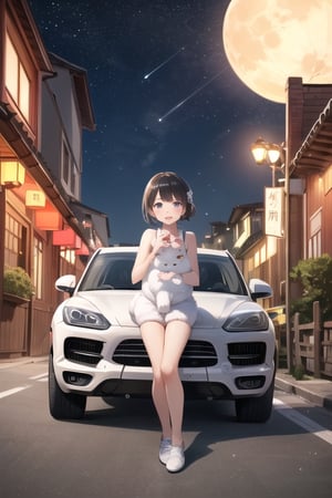 mid-autumn festival poster,  a (cute little girl and a rabbit) are sitting on the roof of white Porsche Cayenne in china enjoying the moon with lanterns placed next to them , (white Porsche Cayenne) ,(5 rabbits) are running in front of the car, the big moon on the star sky