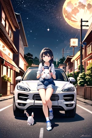 mid-autumn festival poster,  a (cute little girl and a rabbit) are sitting on the roof of white Porsche Cayenne in china enjoying the moon with lanterns placed next to them , (white Porsche Cayenne) ,(5 rabbits) are running on the road, the big moon on the star sky