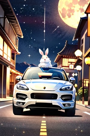 mid-autumn festival poster,  a (cute little girl and a rabbit) are sitting on the roof of white Porsche Cayenne in china enjoying the moon with lanterns placed next to them , (white Porsche Cayenne) ,(5 rabbits) are running on the road, the big moon on the star sky