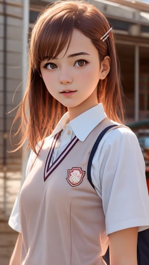 hyper realistic, intricately detail, natural warm lighting, a 16 year old cute girl, 1girl, hairclip, tokiwadai_school_uniform, school 