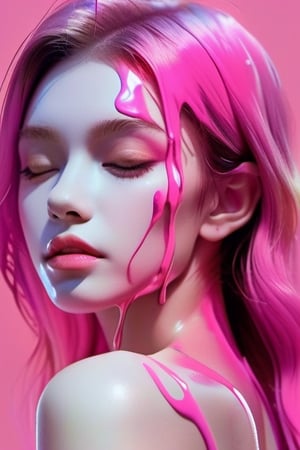Surreal!! lightpink chrome double exposure. Very pretty russia girl's face. Liquid lightpink ink covered,Incredibly detailed matte paint with rough paint strokes and textures,By Frank Franzzeta,lightpink metal background,