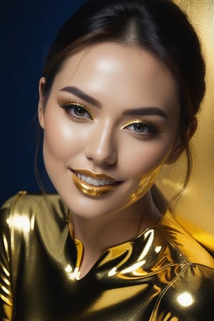 Surreal!! gold chrome double exposure. beautiful super model face dimples smiles. Liquid Gold Chrome Reflective ink covered,Gold Chrome Reflective Mirror  paint, navyblue metal background,

Conrado Roset,

Erik Johansson,

Sandra Chevrier

Jeremy Mann,

16k resolution,

Oil on canvas,

fine art,

super dramatic light,

Sharp focus,High detailed ,Color magic,Saturated colors,runny makeup,rayen dress,short dress,Sexy Pose,perfect split lighting,masterpiece,DonMW15p,photostudio, shooting light, indoors, cable,chrometech