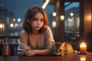 ( beautiful mid hair nice eyes korean girl )with(  cute little small leopard print bengal cat) relaxing mid night lounge bar with raining street view listening to music, candle light on table soft lighting, sharp focus, glitter in the air, bokeh, highly detailed, by Artgerm, trending on artstation, kawaii, intricate, iridescent, cinematic  moviemaker modern style ,Sharp eyes ,Gopn1k,<lora:659095807385103906:1.0>