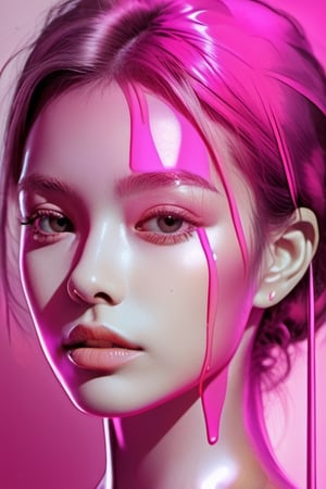 Surreal!! lightpink chrome double exposure. Very pretty  girl's face. Liquid lightpink ink covered,Incredibly detailed matte paint with rough paint strokes and textures,By Frank Franzzeta,lightpink metal background,