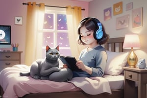 (beautiful korean girl and her British shorthair cat) relaxing in cozy bedroom listening to music, soft lighting, sharp focus, glitter in the air,(headphones on cat) lots of music Notes, bokeh, highly detailed, by Artgerm, trending on artstation, kawaii, intricate, iridescent, watercolor painting,p1c4ss0