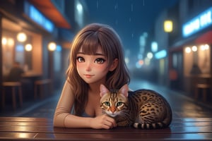 ( beautiful mid hair nice eyes korean girl )with(  cute little small leopard print bengal cat) relaxing mid night lounge bar with raining street view listening to music, soft lighting, sharp focus, glitter in the air, bokeh, highly detailed, by Artgerm, trending on artstation, kawaii, intricate, iridescent, cinematic  moviemaker modern style ,Sharp eyes ,Gopn1k,<lora:659095807385103906:1.0>