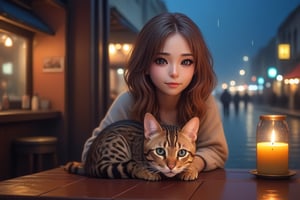 ( beautiful mid hair nice eyes korean girl )with(  cute little small leopard print bengal cat) relaxing mid night lounge bar with raining street view listening to music, candle on table soft candle lighting, sharp focus, glitter in the air, bokeh, highly detailed, by Artgerm, trending on artstation, kawaii, intricate, iridescent, cinematic  moviemaker modern style ,Sharp eyes ,Gopn1k,<lora:659095807385103906:1.0>