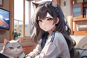 ( beautiful mid hair korean girl )with(   little small dak gray cat) relaxing in cozy chinese stylebedroom listening to music, soft lighting, sharp focus, glitter in the air, bokeh, highly detailed, by Artgerm, trending on artstation, kawaii, intricate, iridescent, watercolor painting,p1c4ss0,chinese new year,,cinematic  moviemaker modern style ,Sharp eyes ,Gopn1k