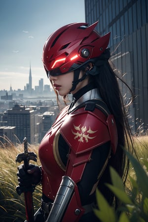 A captivating illustration of a female cyber samurai clad in striking red armor, exuding confidence and strength. Her sleek, futuristic helmet with a visor conceals her face, while she holds a high-tech sword with precision. The background is a blend of a futuristic cityscape, with flying grass and wind effects, creating a dynamic and immersive atmosphere. The overall composition is both bold and striking, with a strong sense of visual impact.,1 girl 