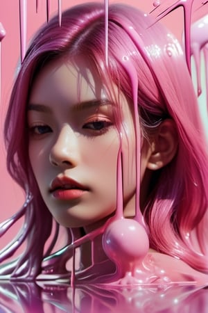 Surreal!! lightpink chrome double exposure. Very pretty  super midel face. Liquid lightpink ink covered,Incredibly detailed matte paint with rough paint strokes and textures,By Frank Franzzeta,lightpink metal background,
