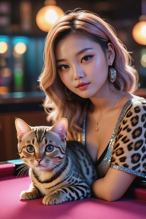 ( beautiful mid hair nice eyes korean girl )with( cute little fat leopard print bengal cat and one cute little small gray british shorthair ca) relaxing mid night pool table bar with Neon Sign indoor bar listening to music,, sharp focus, glitter in the air, bokeh, highly detailed, by Artgerm, trending on artstation, kawaii, intricate, iridescent, cinematic moviemaker modern style 
