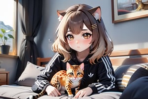 ( beautiful mid hair korean girl )with(  cute little small leopard print bengal cat) relaxing in cozy chinese stylebedroom listening to music, soft lighting, sharp focus, glitter in the air, bokeh, highly detailed, by Artgerm, trending on artstation, kawaii, intricate, iridescent, watercolor painting,p1c4ss0,chinese new year,,cinematic  moviemaker modern style ,Sharp eyes ,Gopn1k