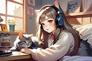 (1 beautiful long hair korean girl ) WITH (1gray British shorthair cat 1bengal cat) relaxing in cozy bedroom listening to music, soft lighting, sharp focus, glitter in the air,(cat with headphones on ) lots of music Notes, bokeh, highly detailed, by Artgerm, trending on artstation, kawaii, intricate, iridescent, watercolor painting,p1c4ss0