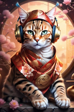 Beautiful bengal cat relaxing in cozy bedroom listening to music, soft lighting, sharp focus, glitter in the air,(headphones on)wearing a  chinese Costume Bodysuit, lots of , bokeh, highly detailed, by Artgerm, trending on artstation, kawaii, intricate, iridescent, watercolor painting,ral-chrcrts,girl,moonster,aw0k cat,Chinese Dragon,Chinese red