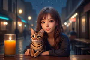 ( beautiful mid hair nice eyes korean girl )with(  cute little small leopard print bengal cat) relaxing mid night lounge bar with raining street view listening to music, candle on table soft candle lighting, sharp focus, glitter in the air, bokeh, highly detailed, by Artgerm, trending on artstation, kawaii, intricate, iridescent, cinematic  moviemaker modern style ,Sharp eyes ,Gopn1k,<lora:659095807385103906:1.0>