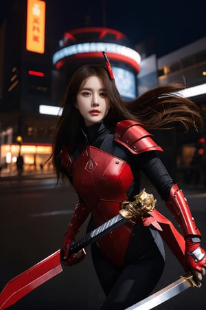 A captivating illustration of a female cyber samurai clad in striking red armor, exuding confidence and strength. Her sleek, futuristic helmet with a visor conceals her face, while she holds a high-tech sword with precision. The background is a blend of a futuristic cityscape, with flying grass and wind effects, creating a dynamic and immersive atmosphere. The overall composition is both bold and striking, with a strong sense of visual impact.,1 girl ,solo,beauty,girl,20 years old