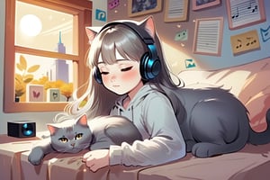 (1 beautiful long hair korean girl and 1gray British shorthair cat) relaxing in cozy bedroom listening to music, soft lighting, sharp focus, glitter in the air,(headphones on cat) lots of music Notes, bokeh, highly detailed, by Artgerm, trending on artstation, kawaii, intricate, iridescent, watercolor painting,p1c4ss0