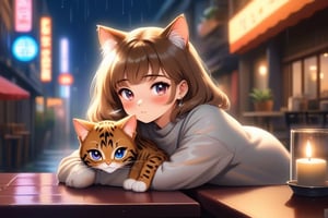 ( beautiful mid hair nice eyes korean girl )with(  cute little small leopard print bengal cat) relaxing mid night lounge bar with Neon Sign raining street view listening to music, candle on table soft candle lighting, sharp focus, glitter in the air, bokeh, highly detailed, by Artgerm, trending on artstation, kawaii, intricate, iridescent, cinematic  moviemaker modern style ,soakingwetclothes,ais-acrylicz,covered with ais-acrylicz