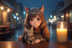 ( beautiful mid hair nice eyes korean girl )with(  cute little small leopard print bengal cat) relaxing mid night lounge bar with raining street view listening to music, candle on table soft candle lighting, sharp focus, glitter in the air, bokeh, highly detailed, by Artgerm, trending on artstation, kawaii, intricate, iridescent, cinematic  moviemaker modern style ,,<lora:659095807385103906:1.0>
