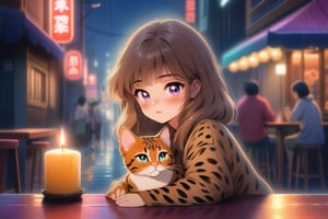 ( beautiful mid hair nice eyes korean girl )with(  cute little small leopard print bengal cat) relaxing mid night lounge bar with Neon Sign raining street view listening to music, candle on table soft candle lighting, sharp focus, glitter in the air, bokeh, highly detailed, by Artgerm, trending on artstation, kawaii, intricate, iridescent, cinematic  moviemaker modern style ,soakingwetclothes,ais-acrylicz,covered with ais-acrylicz