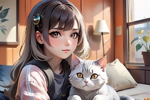 ( beautiful mid hair korean girl )with(   little small dak gray cat) relaxing in cozy chinese stylebedroom listening to music, soft lighting, sharp focus, glitter in the air, bokeh, highly detailed, by Artgerm, trending on artstation, kawaii, intricate, iridescent, watercolor painting,p1c4ss0,chinese new year,,cinematic  moviemaker modern style ,Sharp eyes ,Gopn1k
