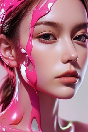 Surreal!! lightpink chrome double exposure. Very pretty russia girl's face. Liquid lightpink ink covered,Incredibly detailed matte paint with rough paint strokes and textures,By Frank Franzzeta,lightpink metal background,