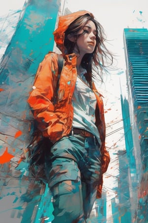 girl | standing alone on skyscraper| centered| detailed gorgeous face| anime style| key visual| intricate detail| highly detailed| breathtaking| vibrant| panoramic| cinematic| Carne Griffiths| Conrad Roset| ghibli