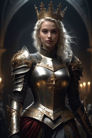 a female queen_knight walking towards viewer, confident, smirk, sexy, beauty, glare, dark background with contrast, masterpice, detailed, realistic, real, intricate, proffesional, 4K, ((by Anne Bachelier))