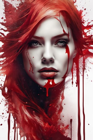 A half body portrait of a woman made of blood, half body is submerged in blood, red hair depicting a waterfall, drops of water on the face and body, tears of blood, concept art inspired by Alberto Seveso, symmetrical, abstract artstyle, intricate, watercolor explosion painting, digital painting, 2d render, 4k, trending on artstation