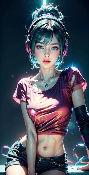 photography awards, masterpiece, blue hair, blue eyes, photorealistic, high resolution, soft light, pink t-shirt, 1women, solo, hips up, Gamer girl, Game center, arcade, shining skin, dynamic pose, bright, Game center background, high background detail, dim light, night, pink headphone