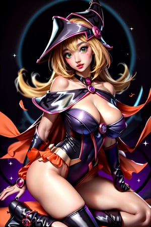 solo,masterpiece,bangs, bare_shoulders, slim hands,black_legwear,collarbone, {big milkers} milf,sugimori ken \(style\) (full body),1girl,high_resolution,black_tights,(Dark_Magican_Girl:1.3),dark magician girl,light_blonde_hair,(hallowen theme:1.3),High detailed ,high quality,Detailed face,looking_at_viewer,wizard_hat,full body,green_eyes,eyeshadow,perfect_fingers,heart power,(fusion of orange satin dress and pumpkin clothes:1.1),(sexy_lip_biting_face:1.3), sky, star (sky), scenery,1girl wearing a pumpkin dress,blush,black boots,8k,
