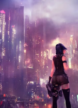 Cyberpunk woman with long blonde hair ::big boobs::computer chip on the side of her head looking over the town,ff14bg