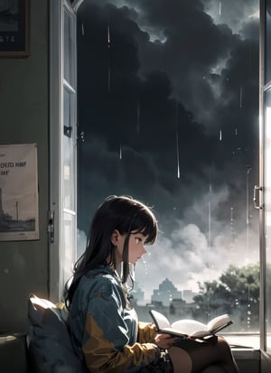 lofi girl sitting near her window reading a book on a rainy day