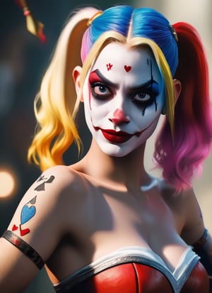 topless harley Quinn::insanely detailed::insanely realistic:: Splash art volumetric lighting Gustav Klimt split-complementary colors poster art 4K HDR retouched soft focus 3D shading shadow depth beautiful complex fantastical  fighters 