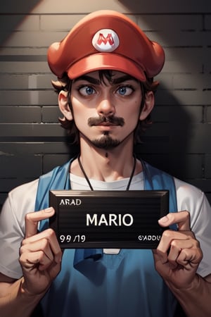 Mario in prison stripes in on mugshot,