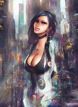 Cyberpunk woman with long blonde hair ::big boobs::computer chip on the side of her head looking over the town,ff14bg