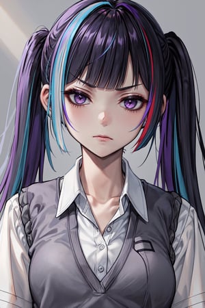 (masterpiece, top quality, best quality, official art, picture perfect, 8k:1.3), 1girl, solo, Yuki Himeno, Himeno Yuki, (looking at the viewer, face close up, upper body shot:1.3) (purple hair, blue hair, twintails, streaked hair, multicolored hair, blunt bangs:1.5), (purple eyes, shining purple eyes:1.3), (medium breasts, frown, closed mouth:1.1), (school uniform, grey sweater vest, white shirt:1.25),
