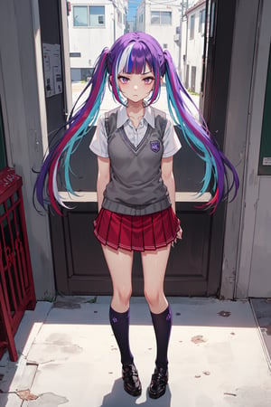 (masterpiece, top quality, best quality, official art, picture perfect, 8k:1.3), 1girl, solo, Yuki Himeno, Himeno Yuki, (looking at the viewer, full body shot, standing:1.3) (purple hair, blue hair, twintails, streaked hair, multicolored hair, blunt bangs:1.5), (purple eyes, shining purple eyes:1.3), (medium breasts, frown, closed mouth:1.1), (school uniform, red pleated skirt, grey sweater vest, white shirt, knee:1.25),
