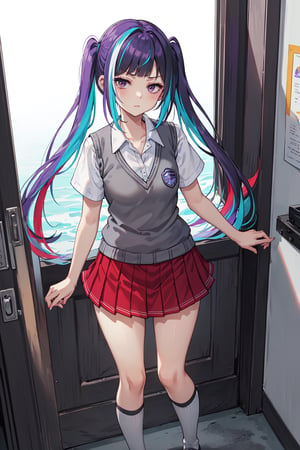 (masterpiece, top quality, best quality, official art, picture perfect, 8k:1.3), 1girl, solo, Yuki Himeno, Himeno Yuki, (looking at the viewer, full body shot, standing:1.3) (purple hair, blue hair, twintails, streaked hair, multicolored hair, blunt bangs:1.5), (purple eyes, shining purple eyes:1.3), (medium breasts, frown, closed mouth:1.1), (school uniform, red pleated skirt, grey sweater vest, white shirt, knee:1.25),
